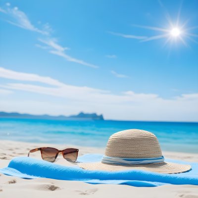 Straw Hat And Sunglasses On A Blue Towel In A White Sand Beach With A Blue Sky And The Ocean In The Background 40 018a
