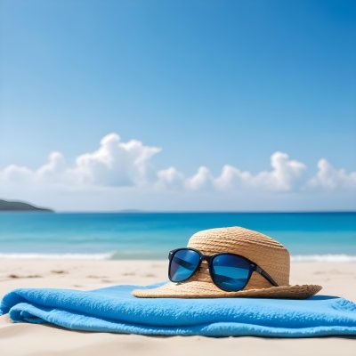 Straw Hat And Sunglasses On A Blue Towel In A White Sand Beach With A Blue Sky And The Ocean In The Background 41 C160