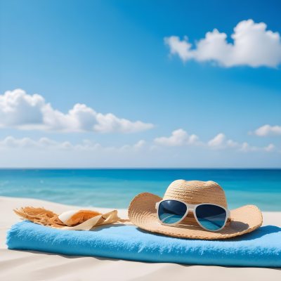 Straw Hat And Sunglasses On A Blue Towel In A White Sand Beach With A Blue Sky And The Ocean In The Background 5 55dc