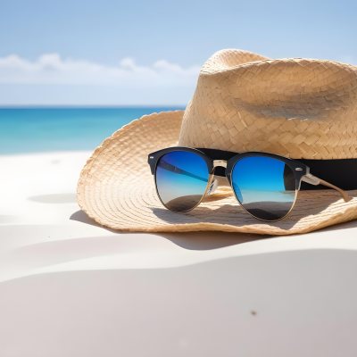 Straw Hat And Sunglasses On A White Sand Beach With A Clear Blue Sky And Ocean In The Background 1 4354