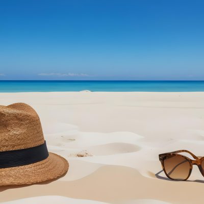 Straw Hat And Sunglasses On A White Sand Beach With A Clear Blue Sky And Ocean In The Background 12 D753
