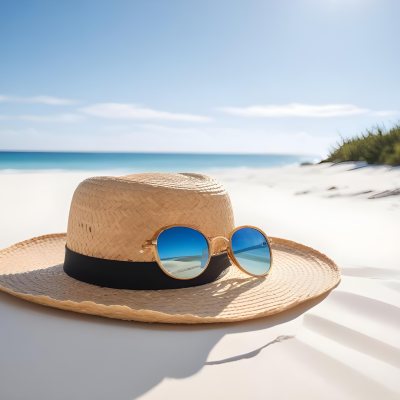 Straw Hat And Sunglasses On A White Sand Beach With A Clear Blue Sky And Ocean In The Background 18 Cdb9