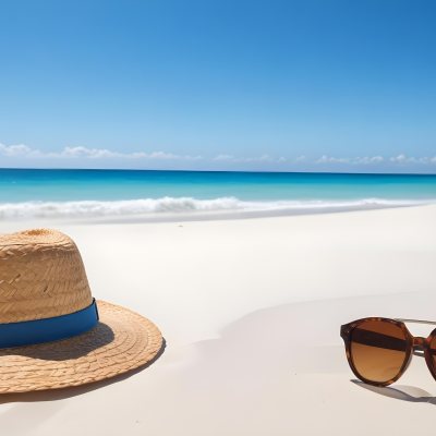 Straw Hat And Sunglasses On A White Sand Beach With A Clear Blue Sky And Ocean In The Background 22 Fd63