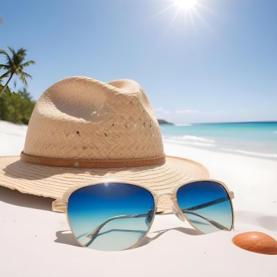 Straw Hat And Sunglasses On A White Sand Beach With A Clear Blue Sky And Ocean In The Background 25 A361
