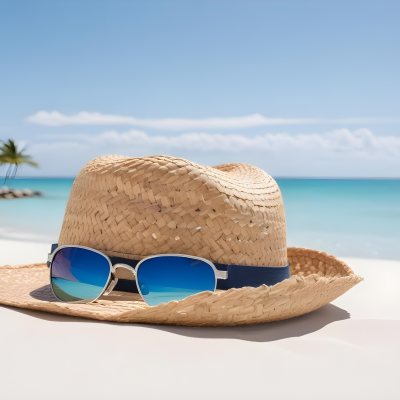Straw Hat And Sunglasses On A White Sand Beach With A Clear Blue Sky And Ocean In The Background 31 A185