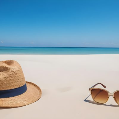 Straw Hat And Sunglasses On A White Sand Beach With A Clear Blue Sky And Ocean In The Background 36 Fee3