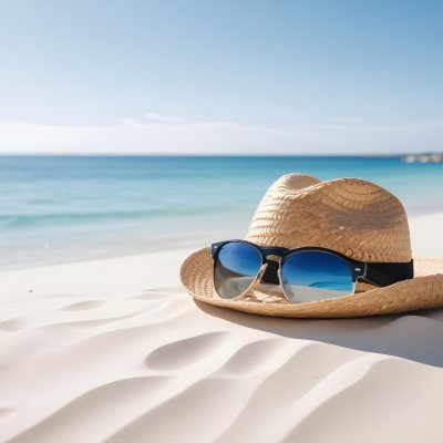 Straw Hat And Sunglasses On A White Sand Beach With A Clear Blue Sky And Ocean In The Background 37 6425