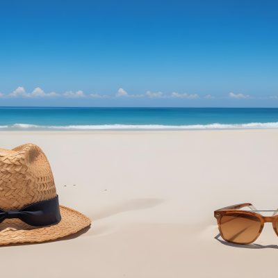 Straw Hat And Sunglasses On A White Sand Beach With A Clear Blue Sky And Ocean In The Background 4 5aca