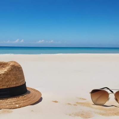 Straw Hat And Sunglasses On A White Sand Beach With A Clear Blue Sky And Ocean In The Background 8 882a
