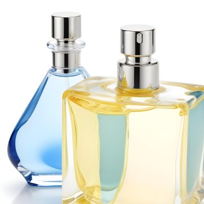Two Perfume Bottles One With A Blue Liquid And The Other With A White Liquid White Background 22 5a86