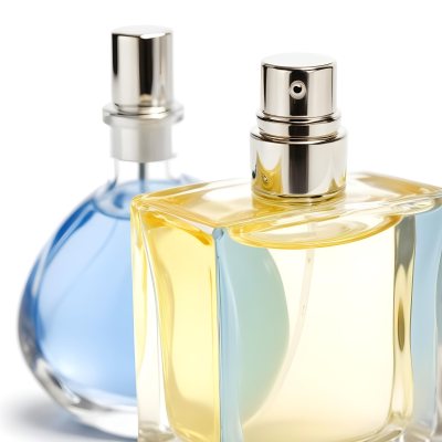 Two Perfume Bottles One With A Blue Liquid And The Other With A White Liquid White Background 28 Ae67