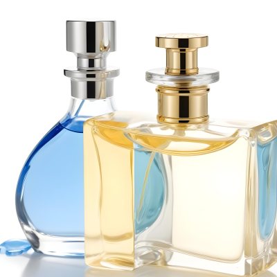 Two Perfume Bottles One With A Blue Liquid And The Other With A White Liquid White Background 38 5f4b