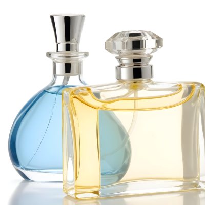 Two Perfume Bottles One With A Blue Liquid And The Other With A White Liquid White Background 39 E952
