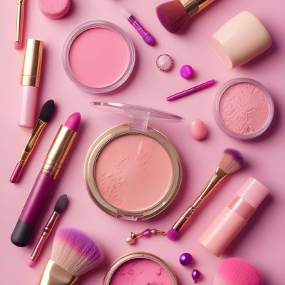 Various Makeup Products In Shades Of Pink Arranged On A Pink Background Including Blush Lip Gloss And Loose Powder Along With Makeup Brushes And Decorative Pink Beads Along With Various Makeup Products In Shades Of P 10 A6c4