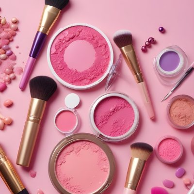 Various Makeup Products In Shades Of Pink Arranged On A Pink Background Including Blush Lip Gloss And Loose Powder Along With Makeup Brushes And Decorative Pink Beads Along With Various Makeup Products In Shades Of P 11 497c