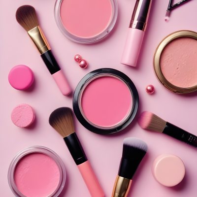 Various Makeup Products In Shades Of Pink Arranged On A Pink Background Including Blush Lip Gloss And Loose Powder Along With Makeup Brushes And Decorative Pink Beads Along With Various Makeup Products In Shades Of P 13 581e