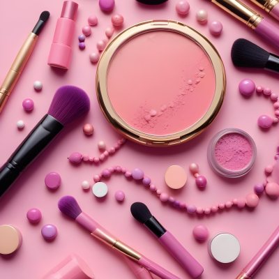 Various Makeup Products In Shades Of Pink Arranged On A Pink Background Including Blush Lip Gloss And Loose Powder Along With Makeup Brushes And Decorative Pink Beads Along With Various Makeup Products In Shades Of P 14 5ebc
