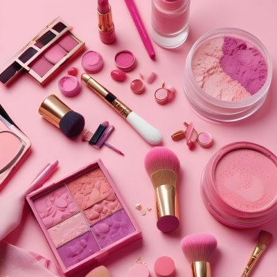 Various Makeup Products In Shades Of Pink Arranged On A Pink Background Including Blush Lip Gloss And Loose Powder Along With Makeup Brushes And Decorative Pink Beads Along With Various Makeup Products In Shades Of P 15 9511