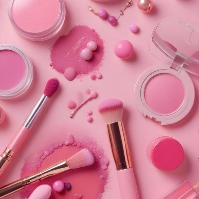 Various Makeup Products In Shades Of Pink Arranged On A Pink Background Including Blush Lip Gloss And Loose Powder Along With Makeup Brushes And Decorative Pink Beads Along With Various Makeup Products In Shades Of P 16 6728