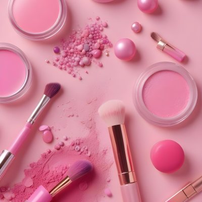 Various Makeup Products In Shades Of Pink Arranged On A Pink Background Including Blush Lip Gloss And Loose Powder Along With Makeup Brushes And Decorative Pink Beads Along With Various Makeup Products In Shades Of P 18 11fb