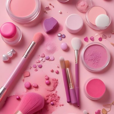 Various Makeup Products In Shades Of Pink Arranged On A Pink Background Including Blush Lip Gloss And Loose Powder Along With Makeup Brushes And Decorative Pink Beads Along With Various Makeup Products In Shades Of P 19 A8ca