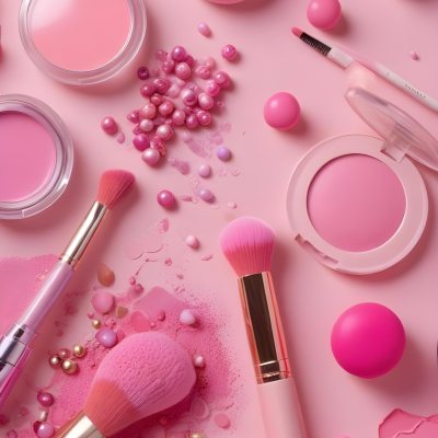 Various Makeup Products In Shades Of Pink Arranged On A Pink Background Including Blush Lip Gloss And Loose Powder Along With Makeup Brushes And Decorative Pink Beads Along With Various Makeup Products In Shades Of P 20 F1d0