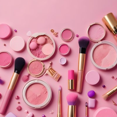 Various Makeup Products In Shades Of Pink Arranged On A Pink Background Including Blush Lip Gloss And Loose Powder Along With Makeup Brushes And Decorative Pink Beads Along With Various Makeup Products In Shades Of P 3 531e