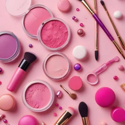 Various Makeup Products In Shades Of Pink Arranged On A Pink Background Including Blush Lip Gloss And Loose Powder Along With Makeup Brushes And Decorative Pink Beads Along With Various Makeup Products In Shades Of P 6 48cc
