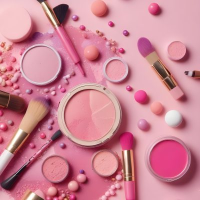 Various Makeup Products In Shades Of Pink Arranged On A Pink Background Including Blush Lip Gloss And Loose Powder Along With Makeup Brushes And Decorative Pink Beads Along With Various Makeup Products In Shades Of P 7 3058