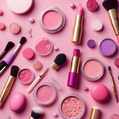 Various Makeup Products In Shades Of Pink Arranged On A Pink Background Including Blush Lip Gloss And Loose Powder Along With Makeup Brushes And Decorative Pink Beads Along With Various Makeup Products In Shades Of P 8 C6dd