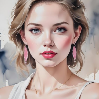 Watercolor Painting White Woman 25 Years Old With Pink Lips And Earrings In A Studio Creative Detailed Brush Stroke Minimal Spalsh 49 C871