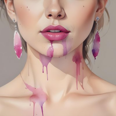 Watercolor Painting White Woman 25 Years Old With Pink Lips And Earrings In A Studio Creative Detailed Brush Stroke Minimal Spalsh 73 A345