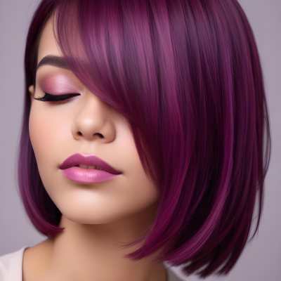 Woman With Medium Skin Tone And A Stylish Bob Haircut Featuring Vibrant Purple Highlights She Has Her Eyes Closed And Is Wearing Soft Pink Lipstick And Eye Makeup The Background Is Neutral And Unobtrusive 29 504f