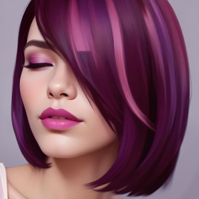 Woman With Medium Skin Tone And A Stylish Bob Haircut Featuring Vibrant Purple Highlights She Has Her Eyes Closed And Is Wearing Soft Pink Lipstick And Eye Makeup The Background Is Neutral And Unobtrusive 4 1081