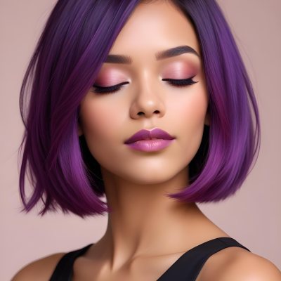 Woman With Medium Skin Tone And A Stylish Bob Haircut Featuring Vibrant Purple Highlights She Has Her Eyes Closed And Is Wearing Soft Pink Lipstick And Eye Makeup The Background Is Neutral And Unobtrusive 41 8355
