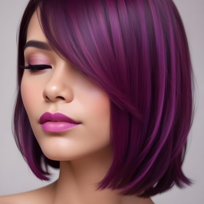 Woman With Medium Skin Tone And A Stylish Bob Haircut Featuring Vibrant Purple Highlights She Has Her Eyes Closed And Is Wearing Soft Pink Lipstick And Eye Makeup The Background Is Neutral And Unobtrusive 5 Ae1e