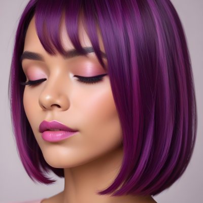 Woman With Medium Skin Tone And A Stylish Bob Haircut Featuring Vibrant Purple Highlights She Has Her Eyes Closed And Is Wearing Soft Pink Lipstick And Eye Makeup The Background Is Neutral And Unobtrusive 51 Af26