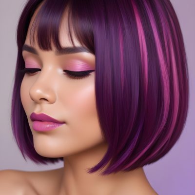 Woman With Medium Skin Tone And A Stylish Bob Haircut Featuring Vibrant Purple Highlights She Has Her Eyes Closed And Is Wearing Soft Pink Lipstick And Eye Makeup The Background Is Neutral And Unobtrusive 55 Cda4