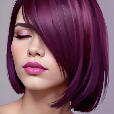 Woman With Medium Skin Tone And A Stylish Bob Haircut Featuring Vibrant Purple Highlights She Has Her Eyes Closed And Is Wearing Soft Pink Lipstick And Eye Makeup The Background Is Neutral And Unobtrusive 6 673f