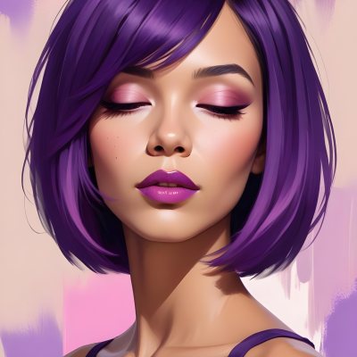 Woman With Medium Skin Tone And A Stylish Bob Haircut Featuring Vibrant Purple Highlights She Has Her Eyes Closed And Is Wearing Soft Pink Lipstick And Eye Makeup The Background Is Neutral And Unobtrusive 62 32e9