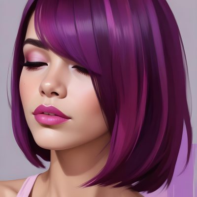 Woman With Medium Skin Tone And A Stylish Bob Haircut Featuring Vibrant Purple Highlights She Has Her Eyes Closed And Is Wearing Soft Pink Lipstick And Eye Makeup The Background Is Neutral And Unobtrusive 64 A3ef