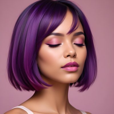 Woman With Medium Skin Tone And A Stylish Bob Haircut Featuring Vibrant Purple Highlights She Has Her Eyes Closed And Is Wearing Soft Pink Lipstick And Eye Makeup The Background Is Neutral And Unobtrusive 70 5823