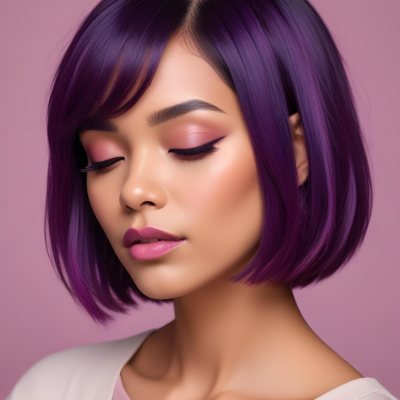 Woman With Medium Skin Tone And A Stylish Bob Haircut Featuring Vibrant Purple Highlights She Has Her Eyes Closed And Is Wearing Soft Pink Lipstick And Eye Makeup The Background Is Neutral And Unobtrusive 72 5cbc