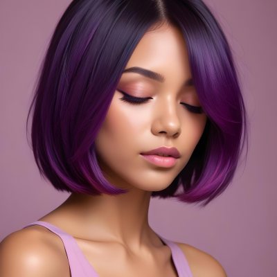 Woman With Medium Skin Tone And A Stylish Bob Haircut Featuring Vibrant Purple Highlights She Has Her Eyes Closed And Is Wearing Soft Pink Lipstick And Eye Makeup The Background Is Neutral And Unobtrusive 78 3491