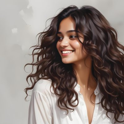 Young Woman Of South Asian Descent With Long Curly Dark Brown Hair Smiling Softly She Is Wearing A White Blouse And Has A Light Background 15 24b9