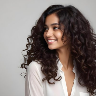 Young Woman Of South Asian Descent With Long Curly Dark Brown Hair Smiling Softly She Is Wearing A White Blouse And Has A Light Background 64 28a7