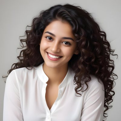 Young Woman Of South Asian Descent With Long Curly Dark Brown Hair Smiling Softly She Is Wearing A White Blouse And Has A Light Background 65 59f4