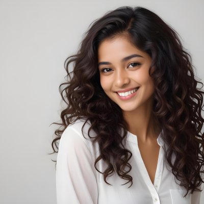Young Woman Of South Asian Descent With Long Curly Dark Brown Hair Smiling Softly She Is Wearing A White Blouse And Has A Light Background 67 D145