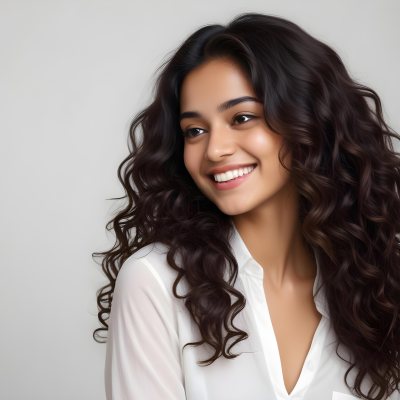 Young Woman Of South Asian Descent With Long Curly Dark Brown Hair Smiling Softly She Is Wearing A White Blouse And Has A Light Background 69 3a47