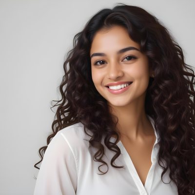 Young Woman Of South Asian Descent With Long Curly Dark Brown Hair Smiling Softly She Is Wearing A White Blouse And Has A Light Background 70 4327